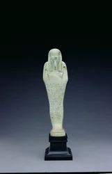 Imhotep shabti alakja, Bastetirdistől született, késői időszak (halványzöld egyiptomi fajansz)